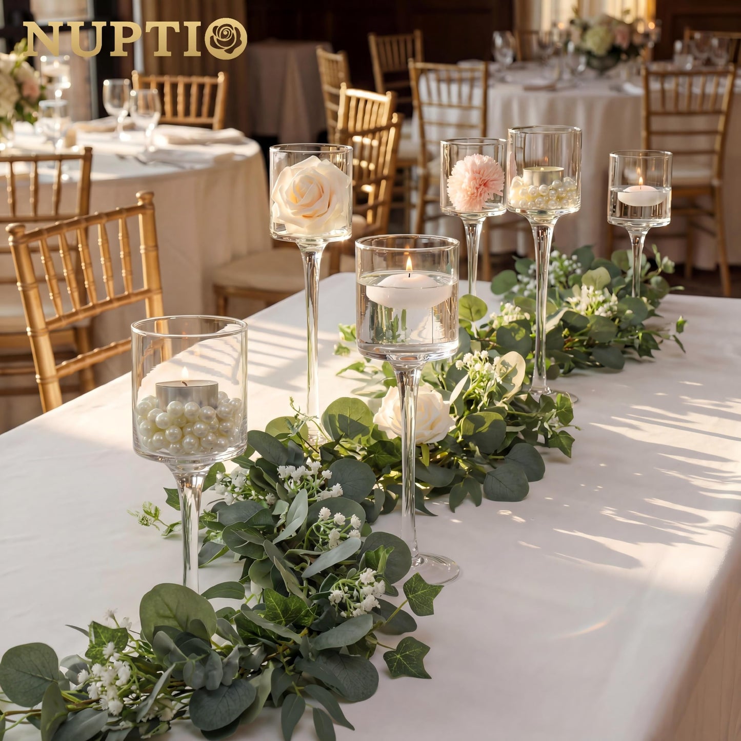 NUPTIO Tealight Candle Holders Glass: Set of 3 Long Stemmed Candle Stands for Dinner Table Centerpiece - Monet Candleholders Pillar Floating Candles