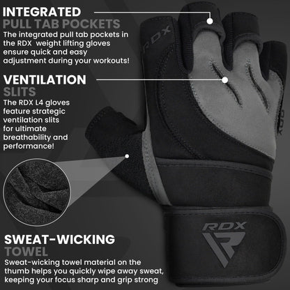 RDX Weight Lifting Workout Gloves with Wrist Support, 50 CM Long Wrist Straps, Anti Slip Padded Palm, Breathable Gym Grip for Fitness Training Powerlifting, Men Women Bodybuilding Exercise