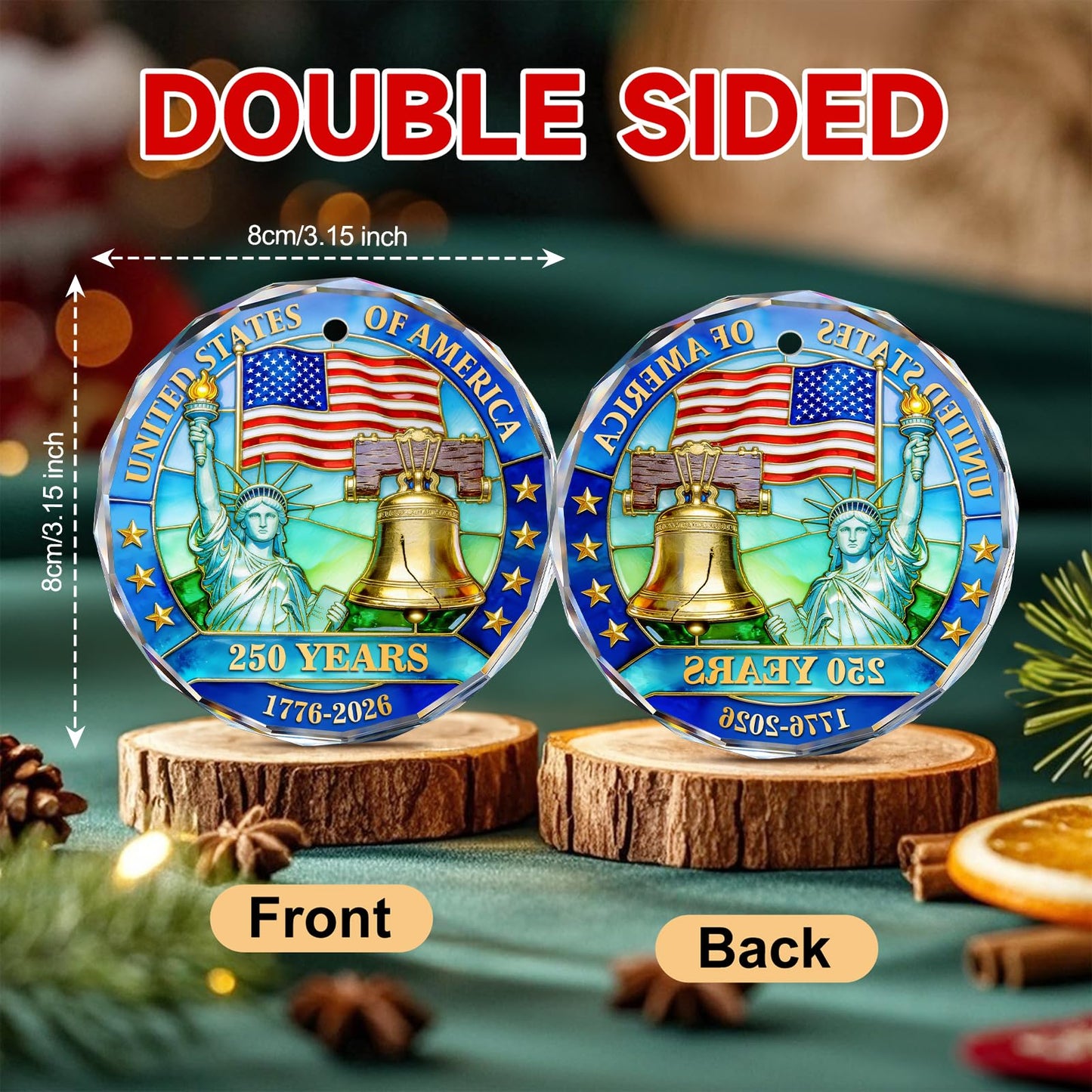 250 Anniversary USA Ornament for 4th of July Decorations, Crystal Glass 1776-2026 Liberty Bell Memorial Day Decorations, USA 250th Anniversary Merchandise Fourth of July Gifts for Men Women