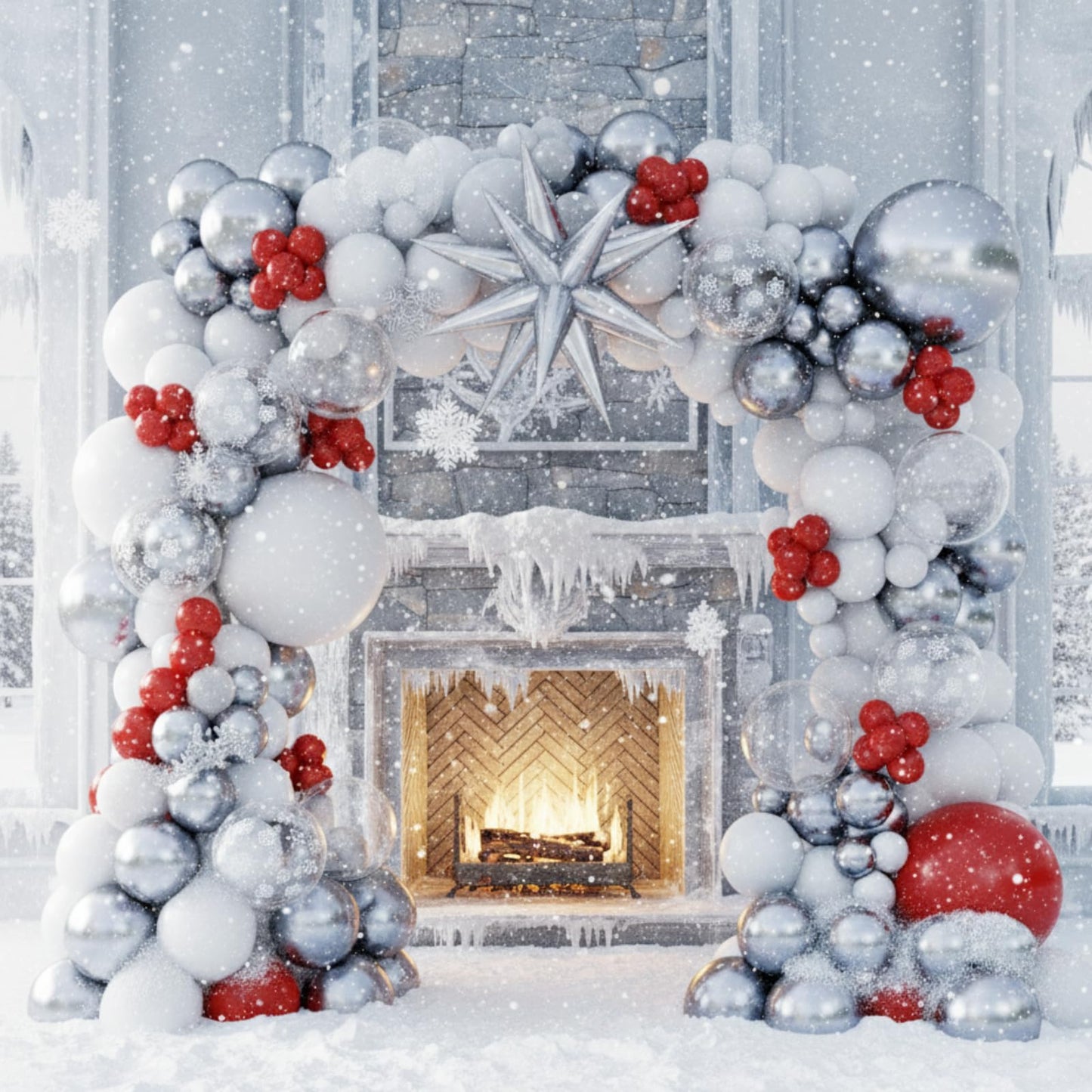 White Silver Red Balloons Arch Christmas Balloons Garland Winter Wonderland Birthday Party Decorations Snowflake Explosion Star Balloon Metallic Latex Helium Christmas Xmas New Year Baby Shower