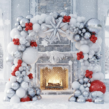 White Silver Red Balloons Arch Christmas Balloons Garland Winter Wonderland Birthday Party Decorations Snowflake Explosion Star Balloon Metallic Latex Helium Christmas Xmas New Year Baby Shower