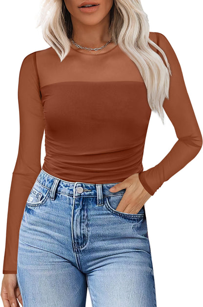 XIEERDUO Women's Sexy Sheer Long Sleeve Tops Crew Neck Mesh Ruched Going Out Shirts Blouse Date Night Outfits