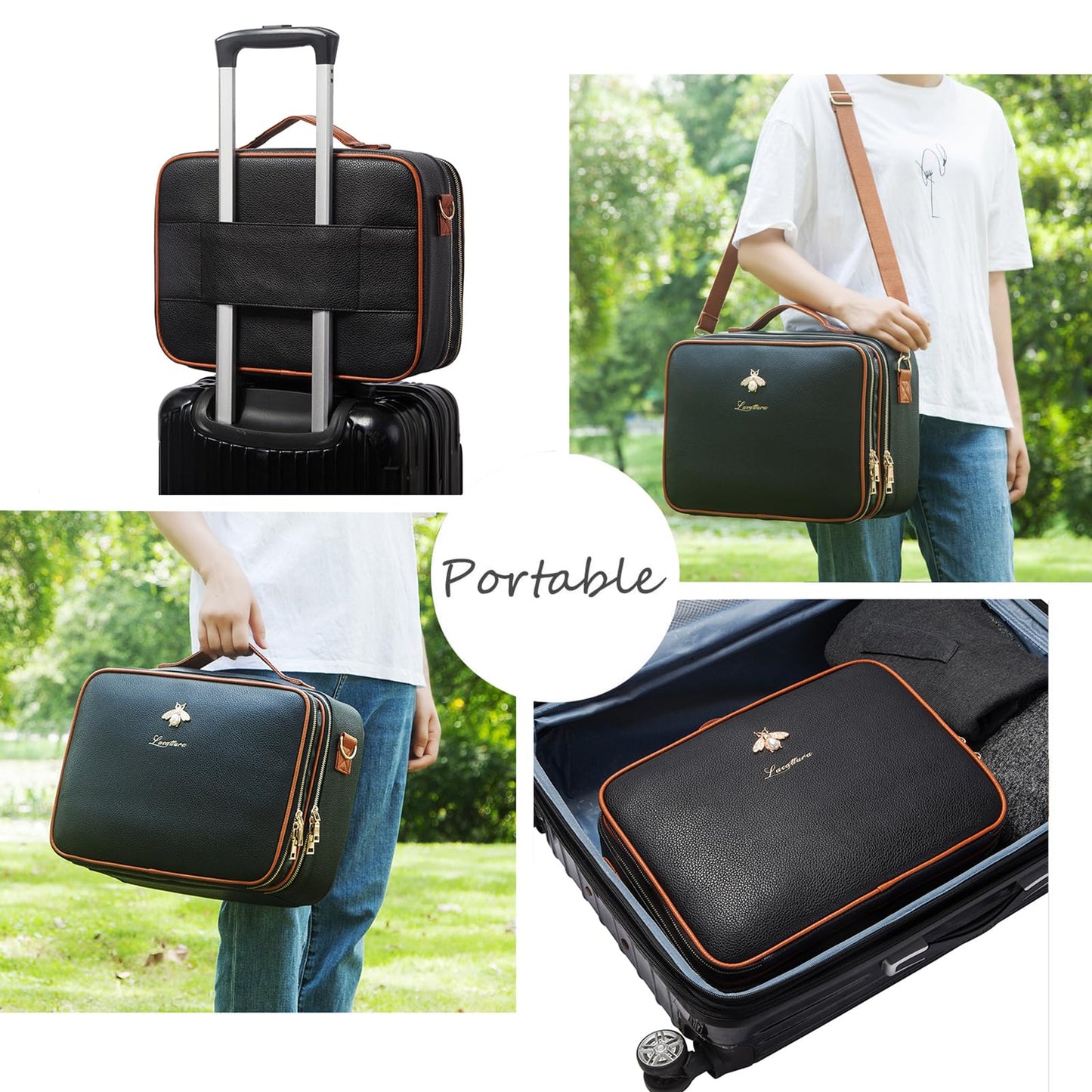 EKERHO Large Travel Makeup bag, Leather Artist Makeup Train Case Cosmetic Storage Organizer Box with Adjustable Dividers for Makeup Brushes Toiletry - Black