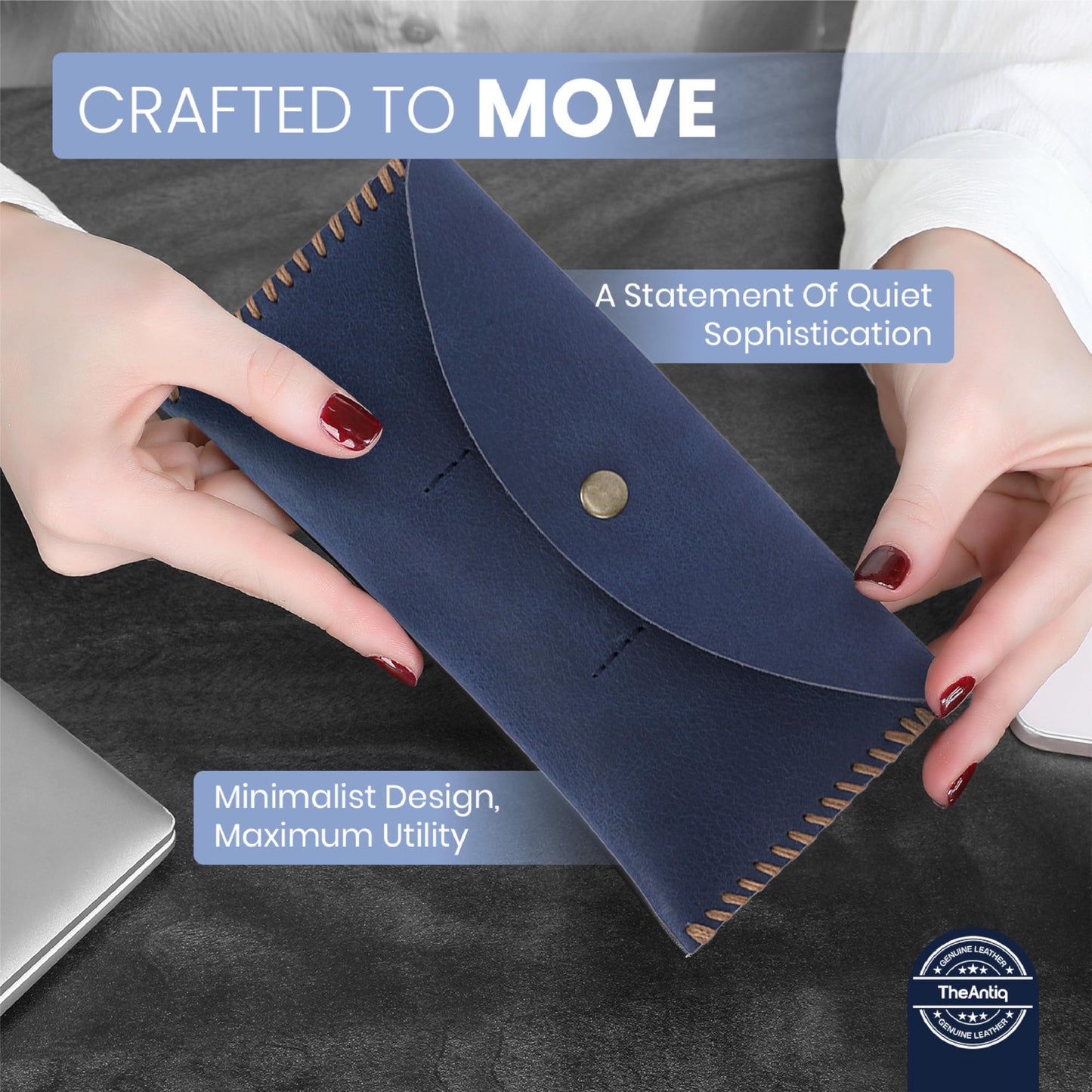 TheAntiq Navy Blue Leather Currency Pouch Money Bag with 3 Card Slots | Handmade Genuine Leather Currency Organizer For Men & Women | Dollar Bills Holder Bills Organizer