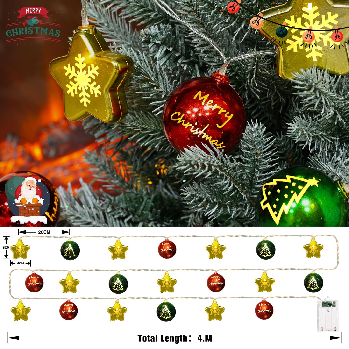 Christmas Decorations Lights, 13.5ft 20 Led Battery Christmas Light with Timer & 8 Modes, Christmas Ball & Star Ornaments Light for Xmas Tree Wreath Window Wall Home Garden Outdoor Indoor Decor