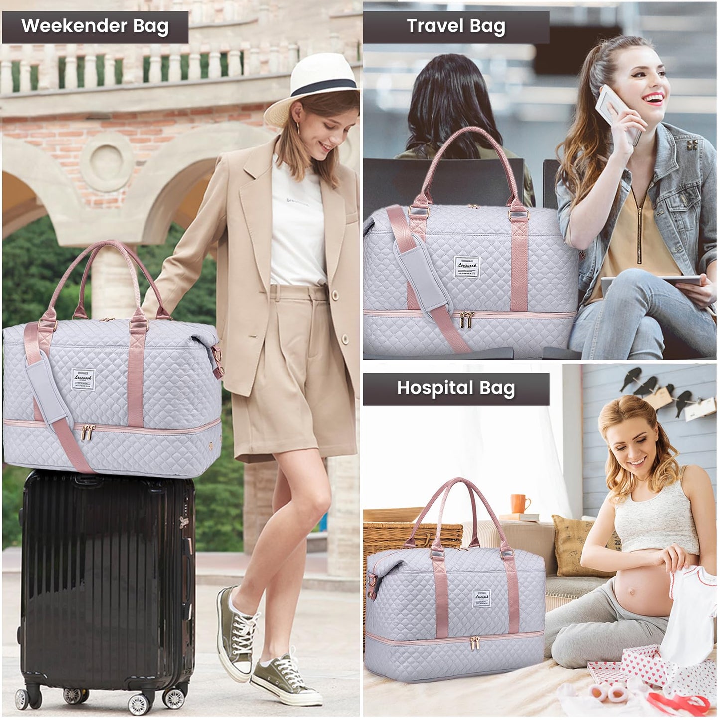 LOVEVOOK Travel Duffle Bag, Weekender Bags for Women with Shoe Compartment, Carry on Overnight Bag with Toiletry Bag, Gym Duffel Bag with Wet Pocket, Hospital Bags for Labor and Delivery