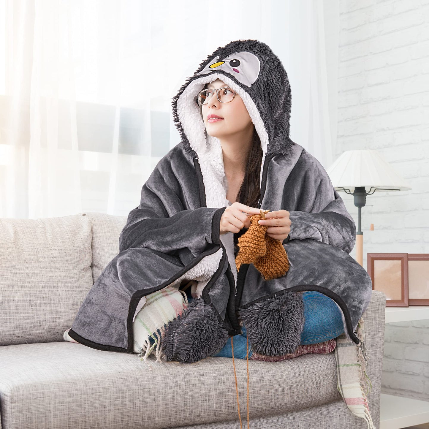 Penguin Wearable Hooded Blanket for Adults – Fuzzy Super Soft Warm Cozy Plush Flannel Fleece & Sherpa Hoodie Throw Cloak Wrap - Penguin Gifts for Women Adults Girls and Kids