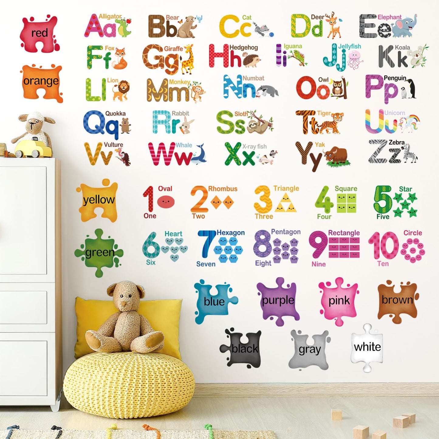 wondever Educational Learning Wall Stickers Alphabet Animals Numbers Shapes Colors Peel and Stick Wall Art Decals for Toddlers Kids Room Classroom Playroom
