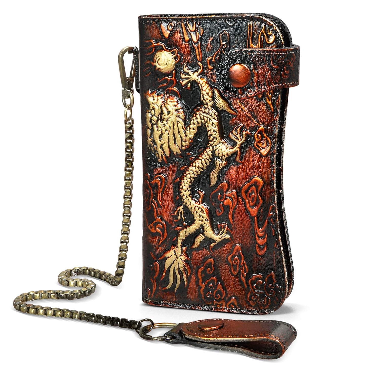 Handadsume Genuine Crazy Horse Leather Travel Gift Coin Pocket Card Case Long Organizer Chain Rfid Wallet Purse With Snap For Men Male 1088 (1088 Orange)