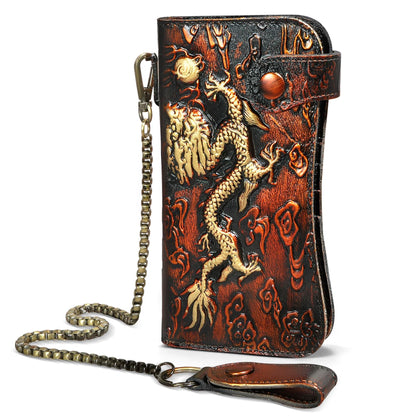 Handadsume Genuine Crazy Horse Leather Travel Gift Coin Pocket Card Case Long Organizer Chain Rfid Wallet Purse With Snap For Men Male 1088 (1088 Orange)