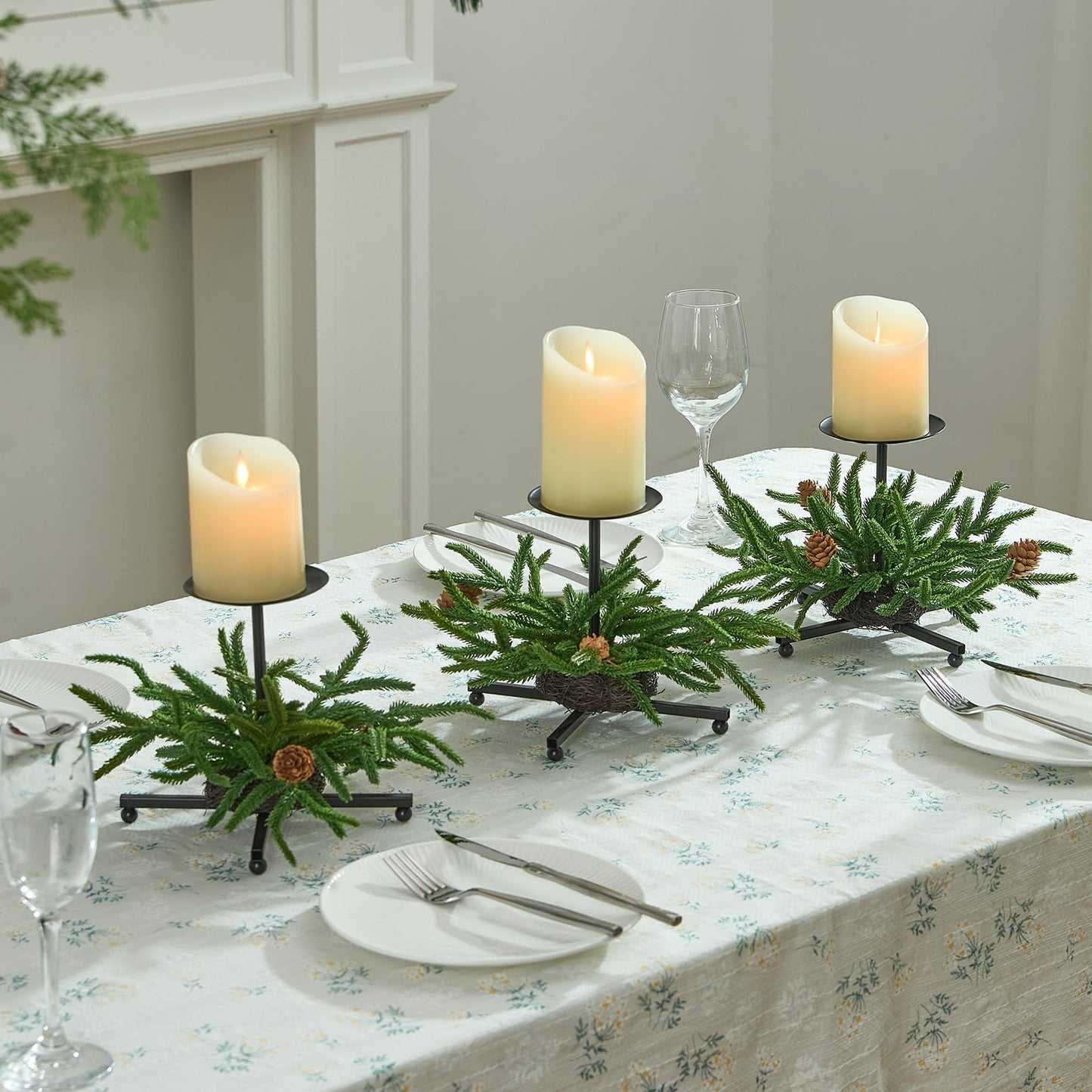 Heleze Christmas Candle Holder Set of 3, Black Iron Candle Tray Holders with Norfolk Pine Pinecones, 7.1 Inch Decorative Metal Stand for Table Centerpiece Mantle Xmas Decor