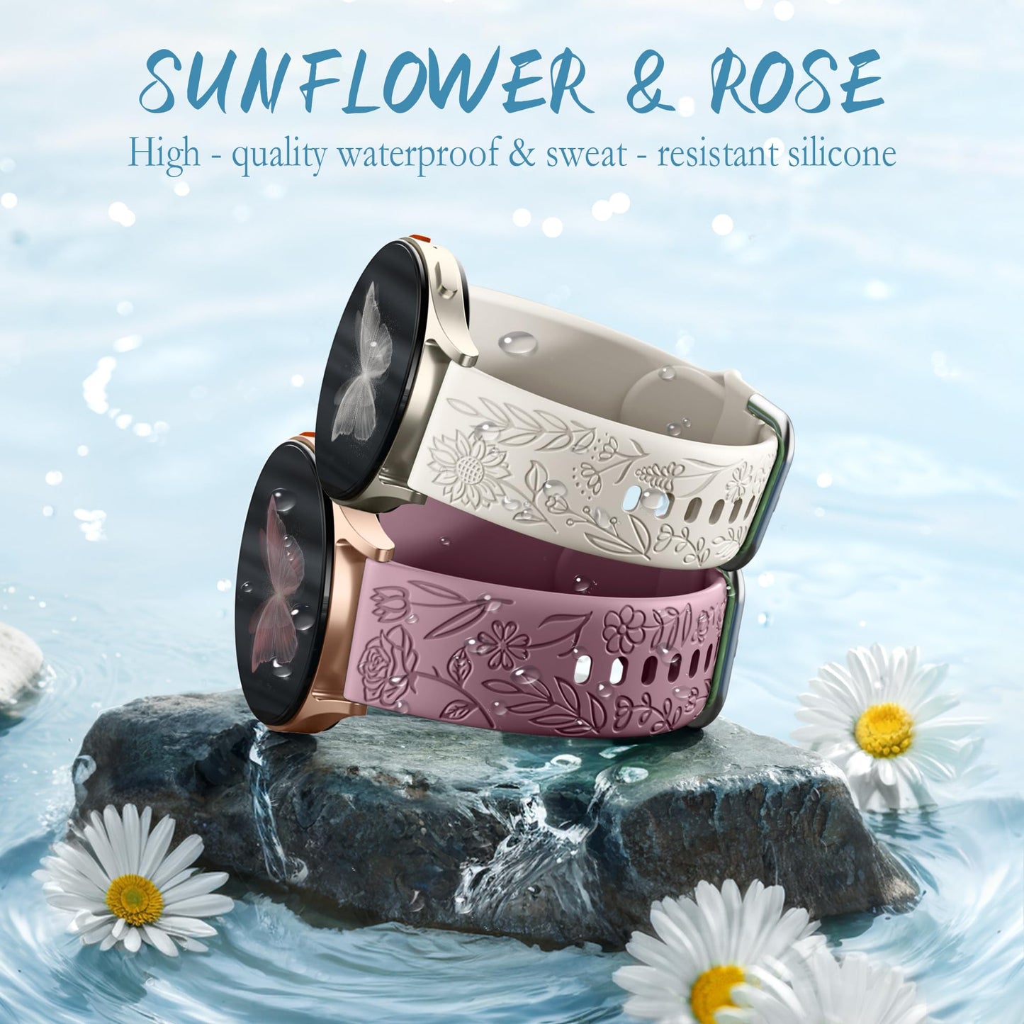 SNBLK Floral Engraved Bands Compatible with Samsung Galaxy Watch 7 Band 6 5 4 Active 2 40mm 44mm/5 Pro/Watch 6/4 Classic, 6Pack 20mm Cute Flower Soft Silicone Sport Strap for Samsung Watch Bands Women