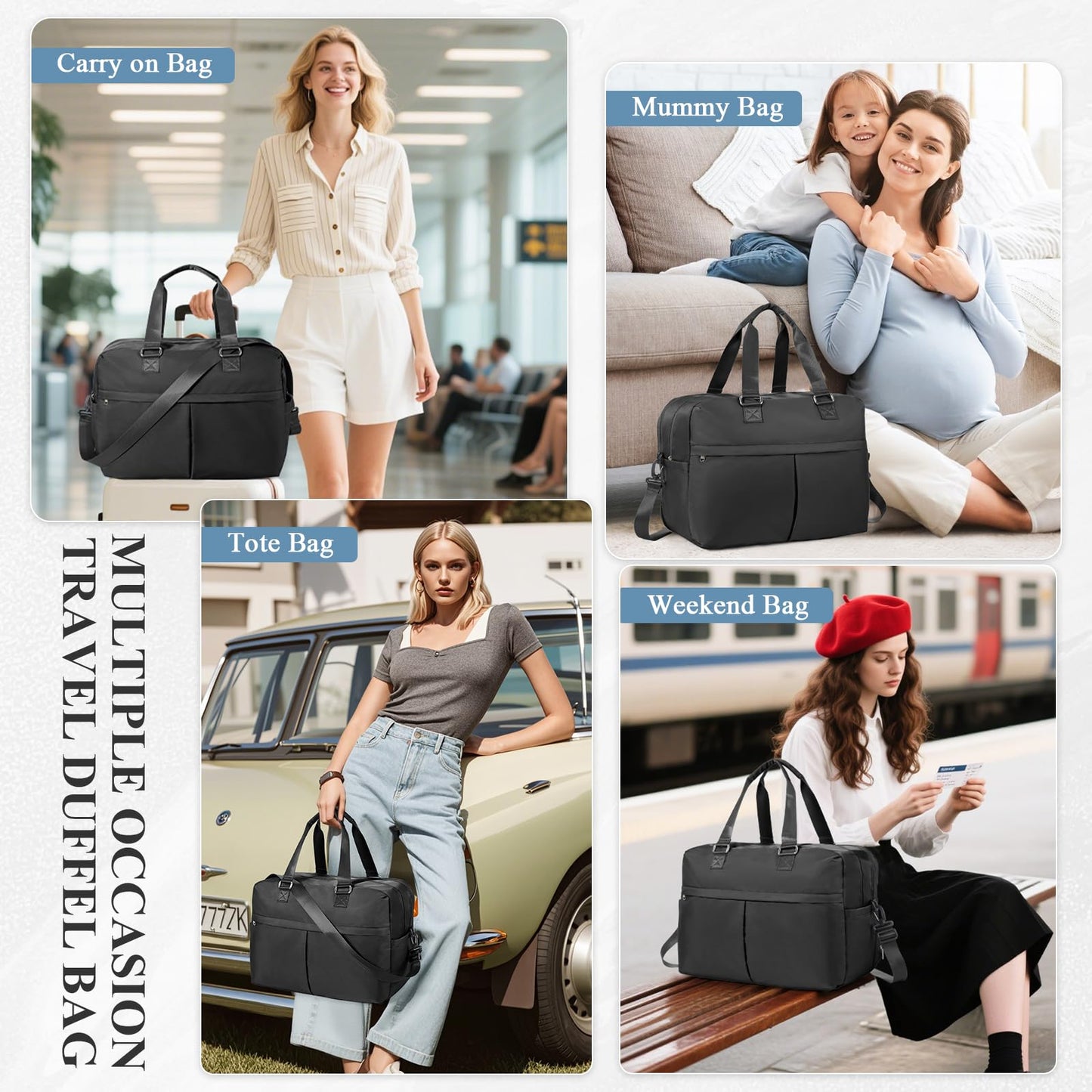 Expandable Personal Item Travel Duffle Bag Weekender Bag for Women Men, Overnight Hospital Carry On Bag with Toiletry Bag for Airplanes Travel Business Trips Sport,Black
