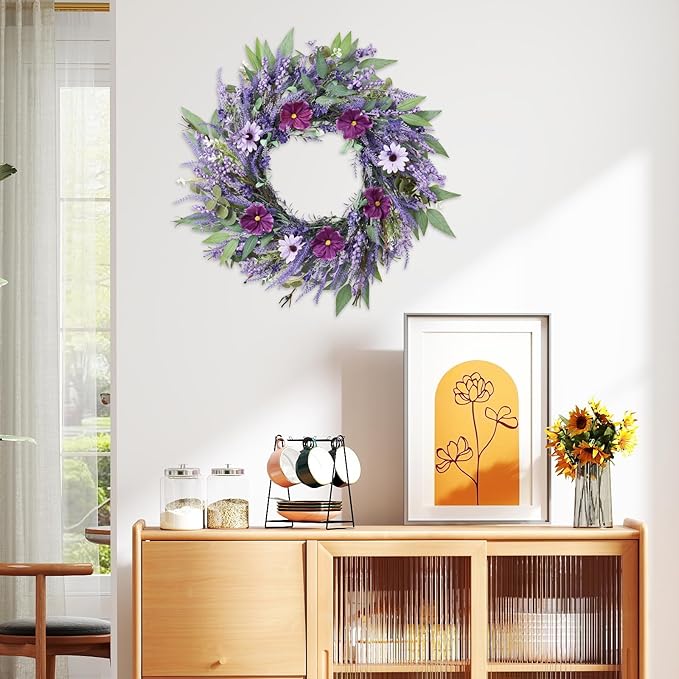 24" Lavender Wreath for Front Door - Artificial Floral Lush Summer Wreath with Adjustable Headband & DIY Decor for Wall, Home, Wedding, Party, Christmas (Purple)