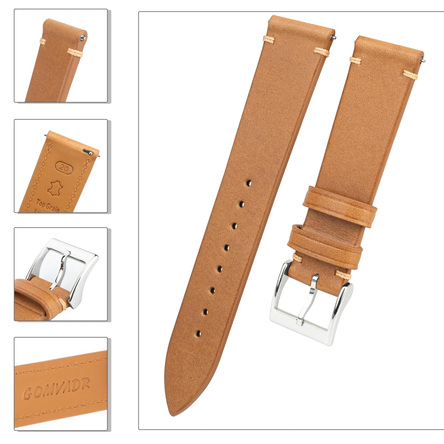 Gomvadr Handmade Slim Vintage Top Grain Leather Watch Strap, Quick Release, 18 mm/19 mm/20 mm/21 mm/22 mm, Silver/Black Buckle, Tan/Brown/Blue/Black/Coffee, Unisex for Men Women (Yellowish Brown with Silver Buckle, 20mm)