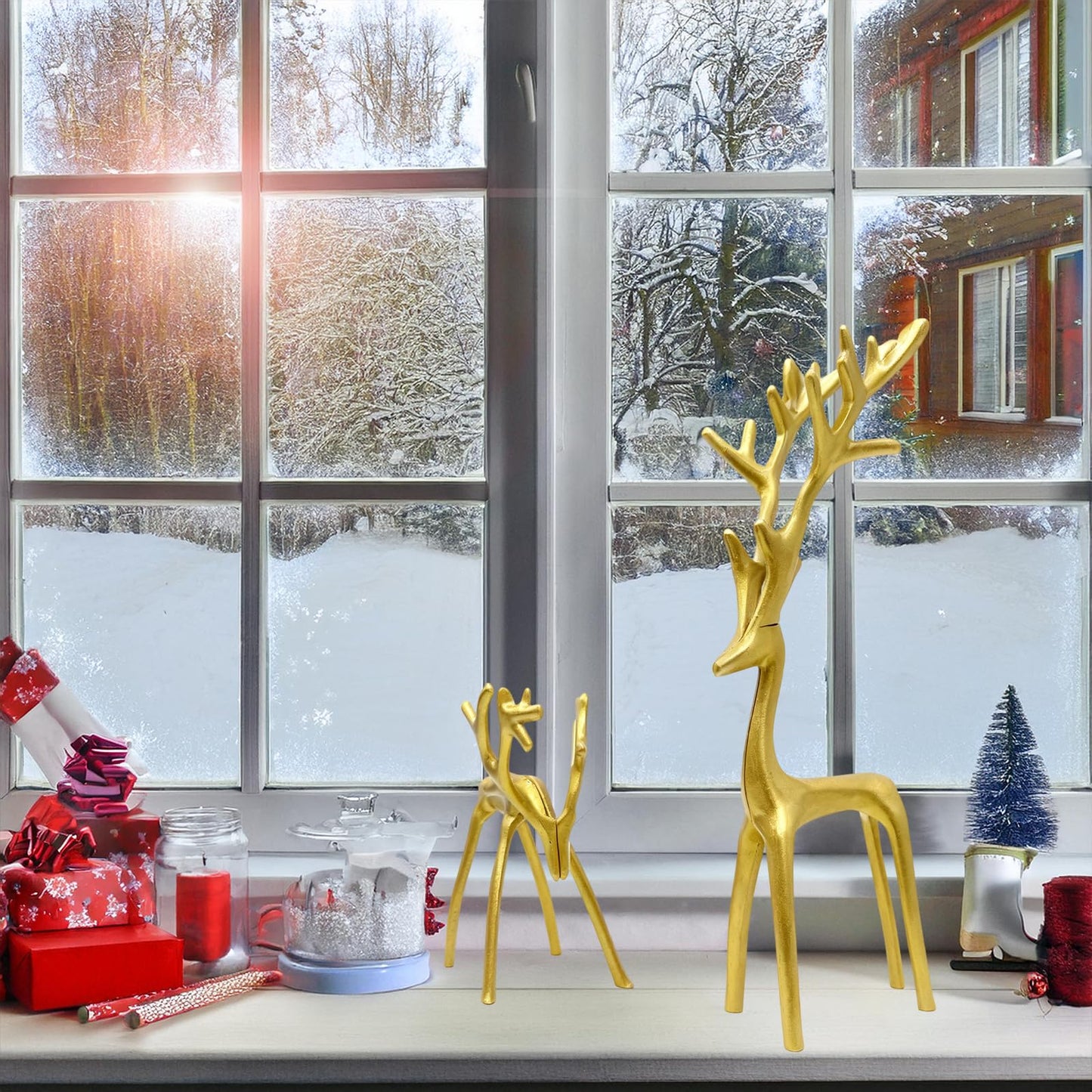 Set of 2 Golden Christmas Decorations Reindeer Statues Modern Aluminum Alloy Xmas Figurines Elegant Christmas Tabletop Ornaments for Mantel Fireplace Living Room Bedroom Home Deco