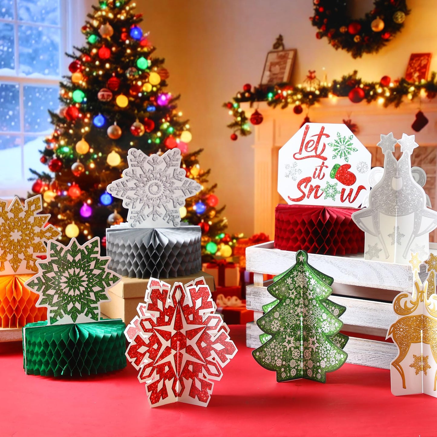 Pajean 12 Pcs Christmas Table Decorations Centerpieces Winter Snowflake Honeycomb Red and Green 3D Xmas Tree Elf Let It Snow Tabletop Sign Gold Sliver Snowflake Wonderland Holiday Party Supplies