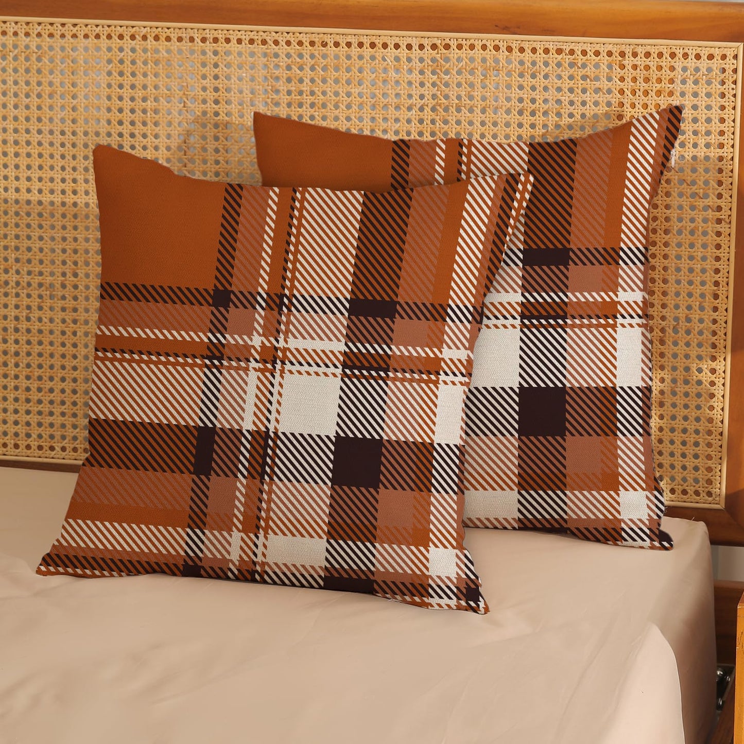 JEFERSO Fall Pillow Covers 18x18 Inch Set of 2 Burnt Orange Black Plaids Throw Pillows Autumn Harvest Thanksgiving Decoration Pillowcases Linen Outdoor Fall Decor Cushion Covers for Couch Sofa Home