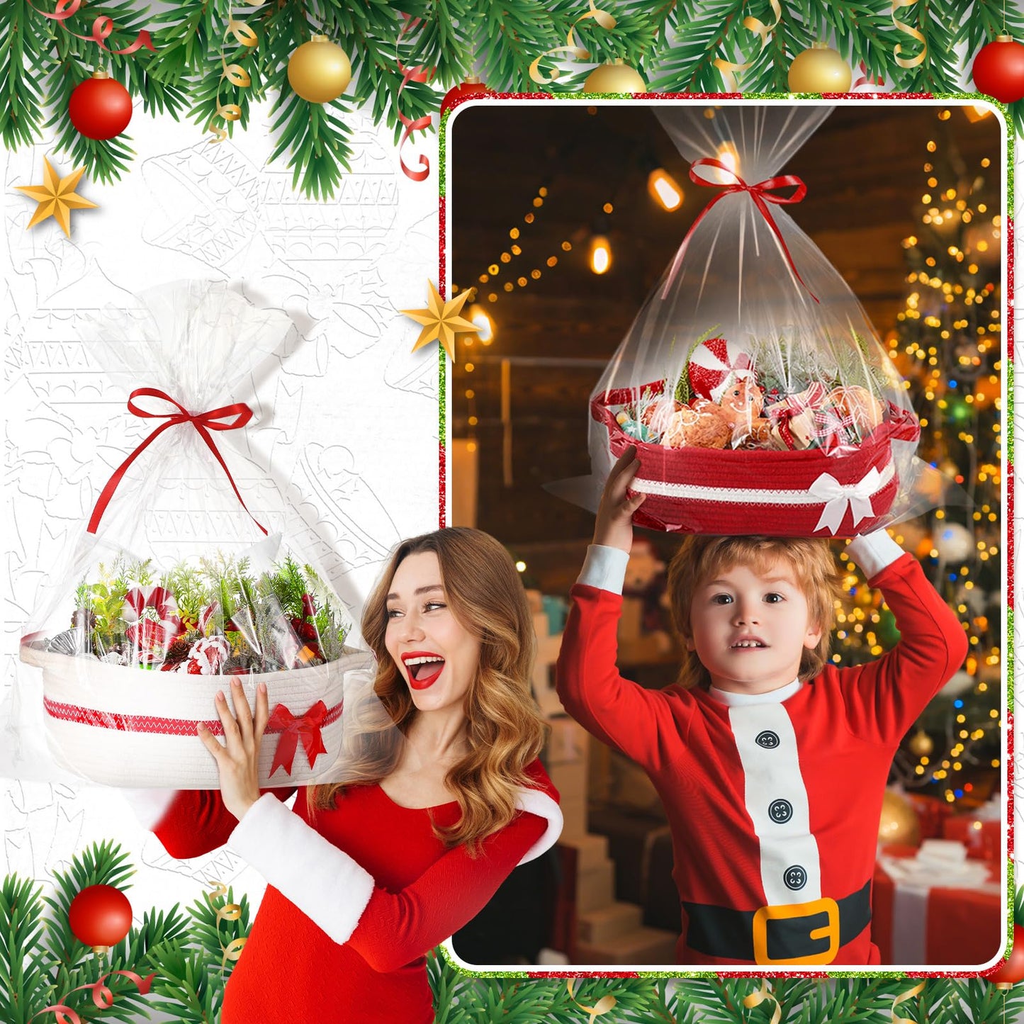 Youyole 2 Pcs Christmas Storage Gift Basket with Gift Bag and Ribbon Xmas Small Storage Basket with Bow and Handles for Nursery Home Empty Living Room Christmas Decorative Container, Red and White