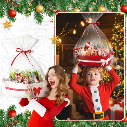 Youyole 2 Pcs Christmas Storage Gift Basket with Gift Bag and Ribbon Xmas Small Storage Basket with Bow and Handles for Nursery Home Empty Living Room Christmas Decorative Container, Red and White