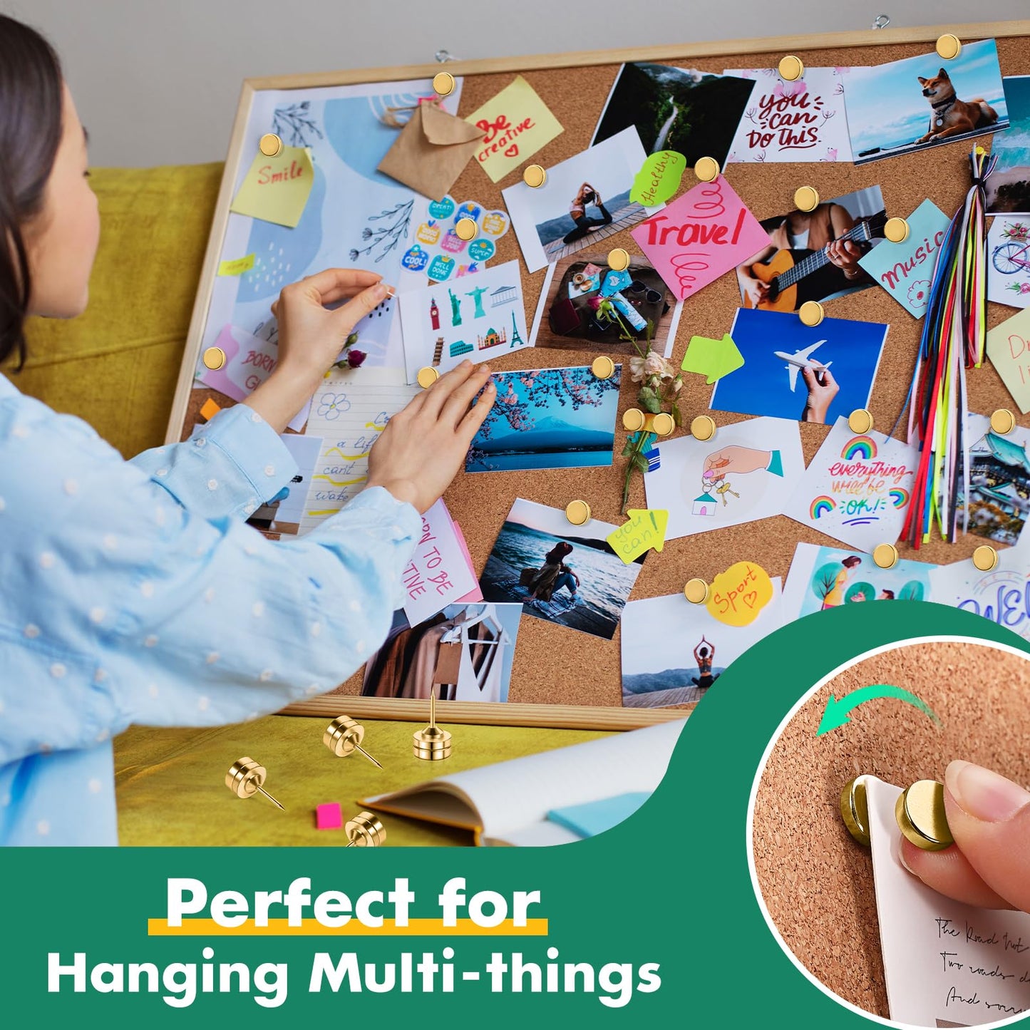 GOOLADA 60 Sets of Gold Magnetic Push Pins, Flat Poster Hanger, Cute Push Pins for Corkboard,Thumb Tacks for Wall Hangings, Decorative Pushpins for Bulletin Board