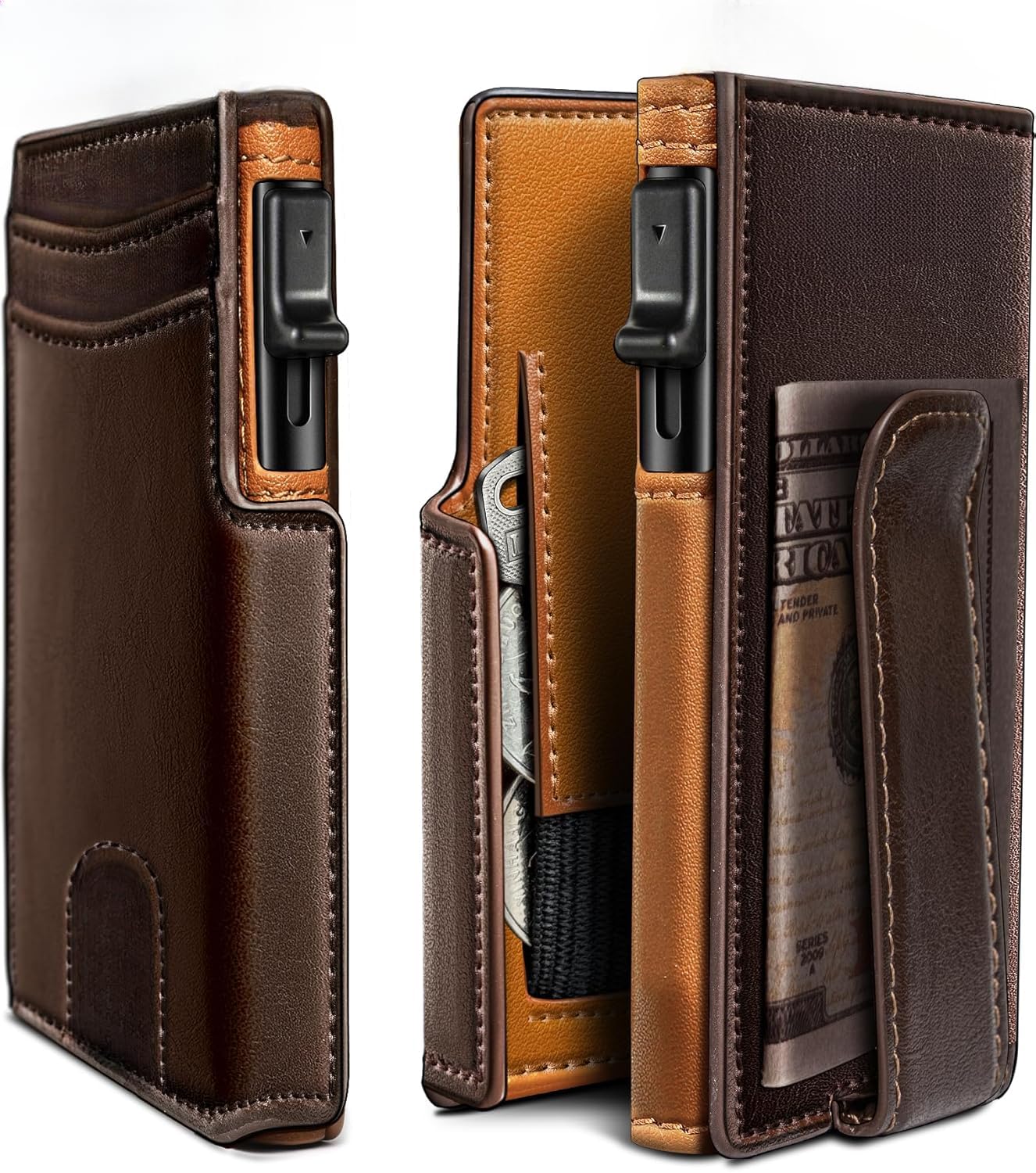 Plinvo Men's Slim Genuine Leather Wallet with Money Clip, Coin Pocket, RFID Blocking, ID Window (Burnt Umber)