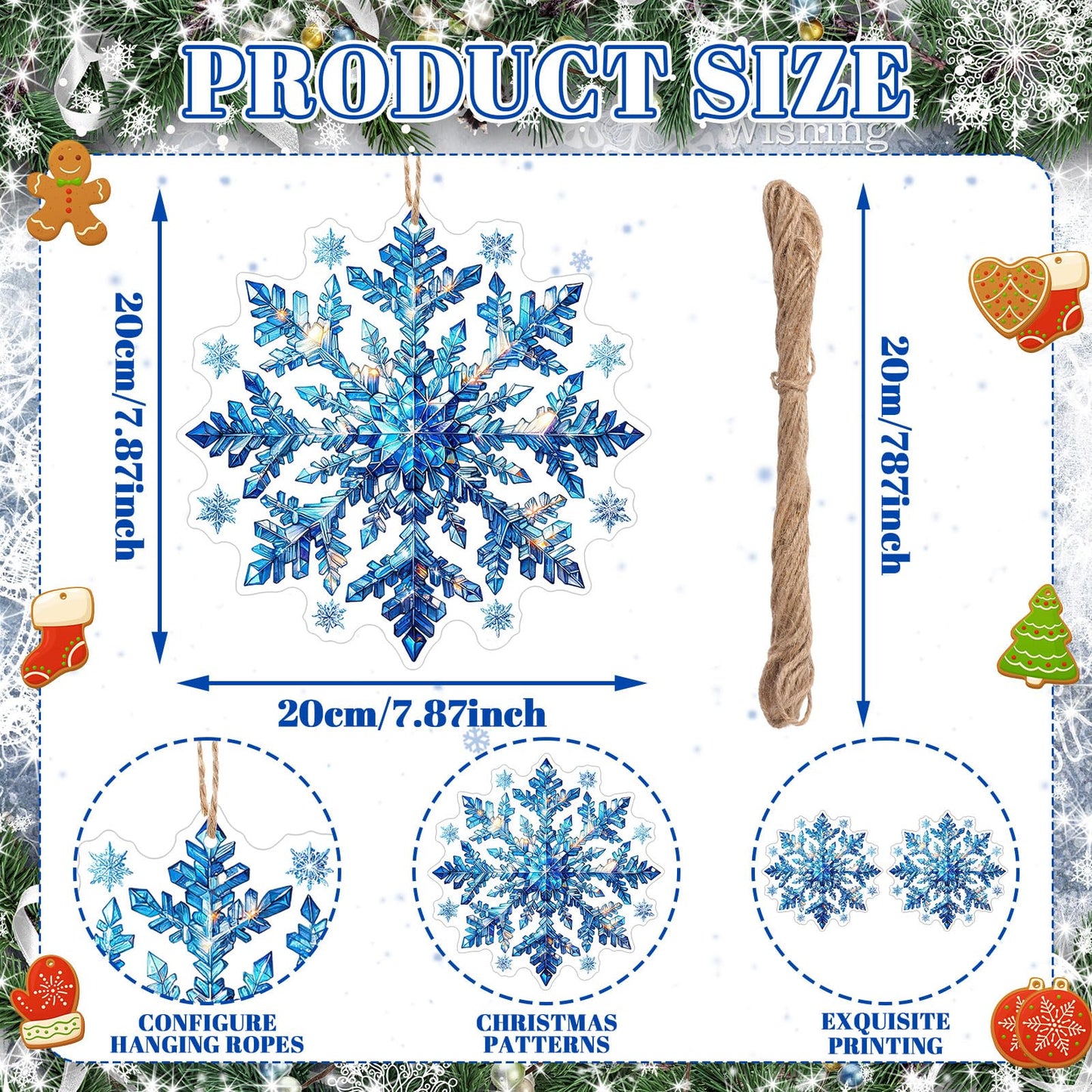 Soaoo 36 Pcs 7.87" Christmas Snowflakes Ornaments Blue Outdoor Double Sided Christmas Hanging Decoration Plastic Crafts Ornaments for Xmas Winter Holiday Office Home Yard Porch