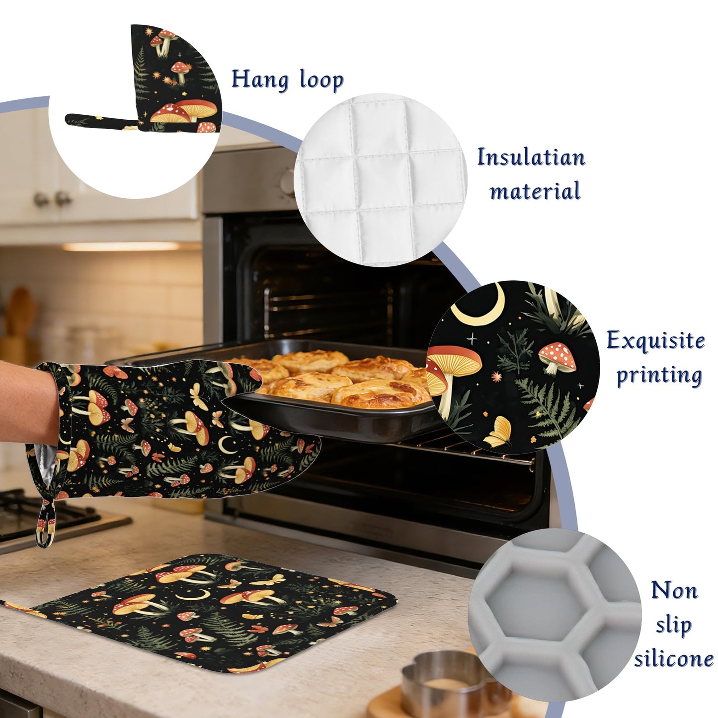 Boho Mushrooms Oven Mitts and Pot Holders Sets of 4 Wildflowers Butterfly Heat Resistant Silicone Oven Mits Gloves Non-Slip Kitchen Mittens Potholders for Cooking Baking Grilling BBQ