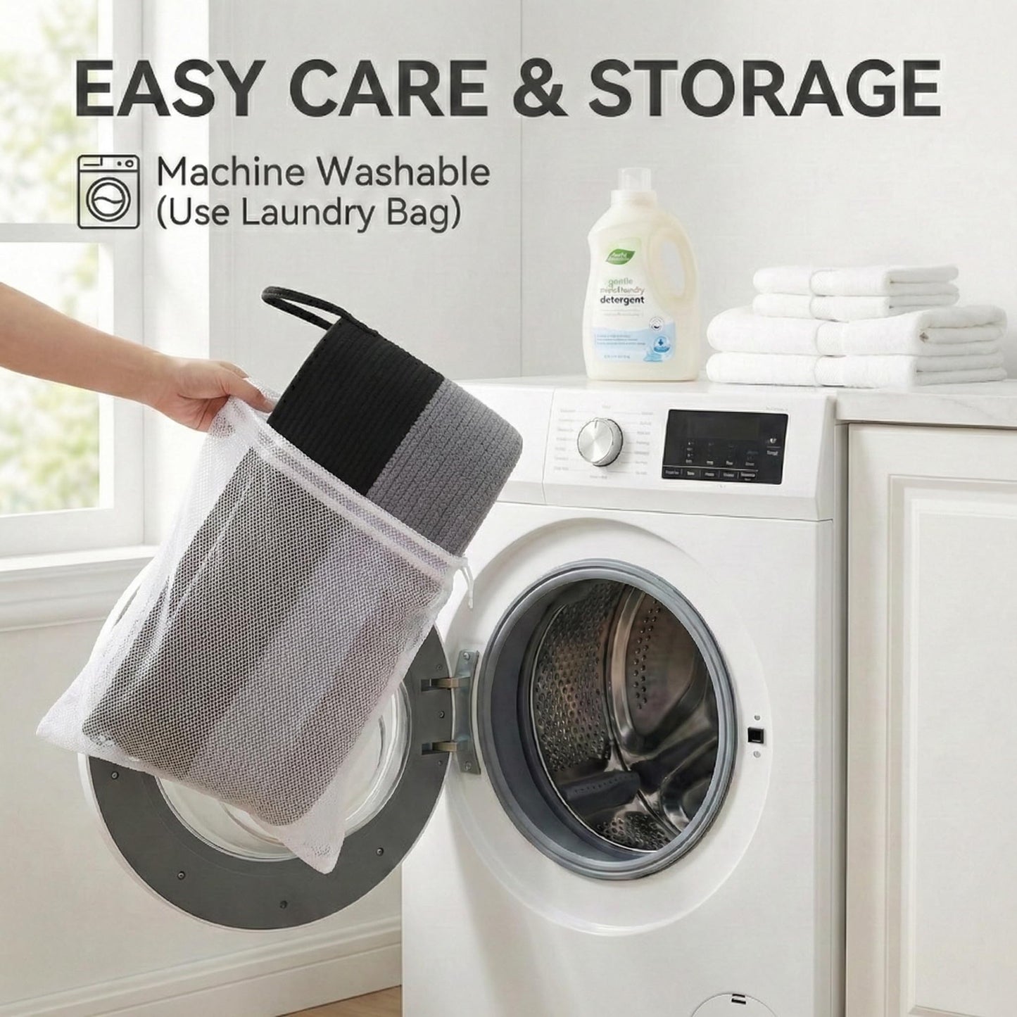JMvicyroam 65L Extra Large Blanket Basket for Living Room - Woven Cotton Rope Laundry Hamper with Reinforced Handles - Storage Bin for Pillows, Comforters & Toys - Machine Washable,Black&Grey