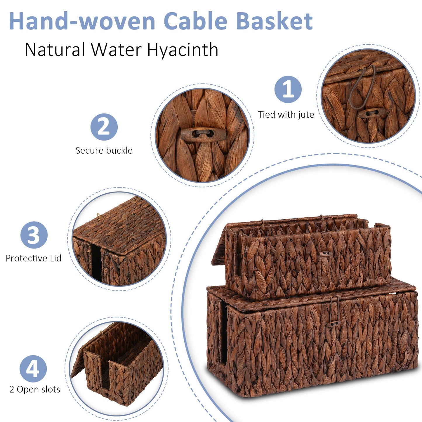 efluky 2 Pack Hand-Woven Cable Management Boxes, Water Hyacinth Cord Organizer Box with Lid, 2 Open Slots Cable Organizer Basket to Hide Power Strip and Charger for Home & Office and Dorm,Brown