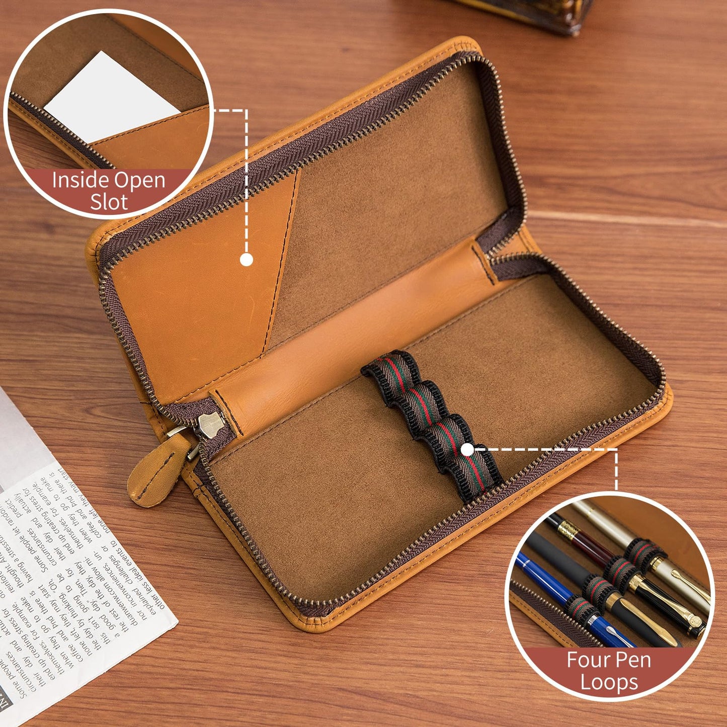 Geslun Genuine Leather Fountain Pen Case - Zippered Ballpoint Pen Pouch Bag with 4 Loops Holder, Inside Open Slot, Handmade Soft Cowhide, Vintage Stationery Gift for Men and Women, Brown