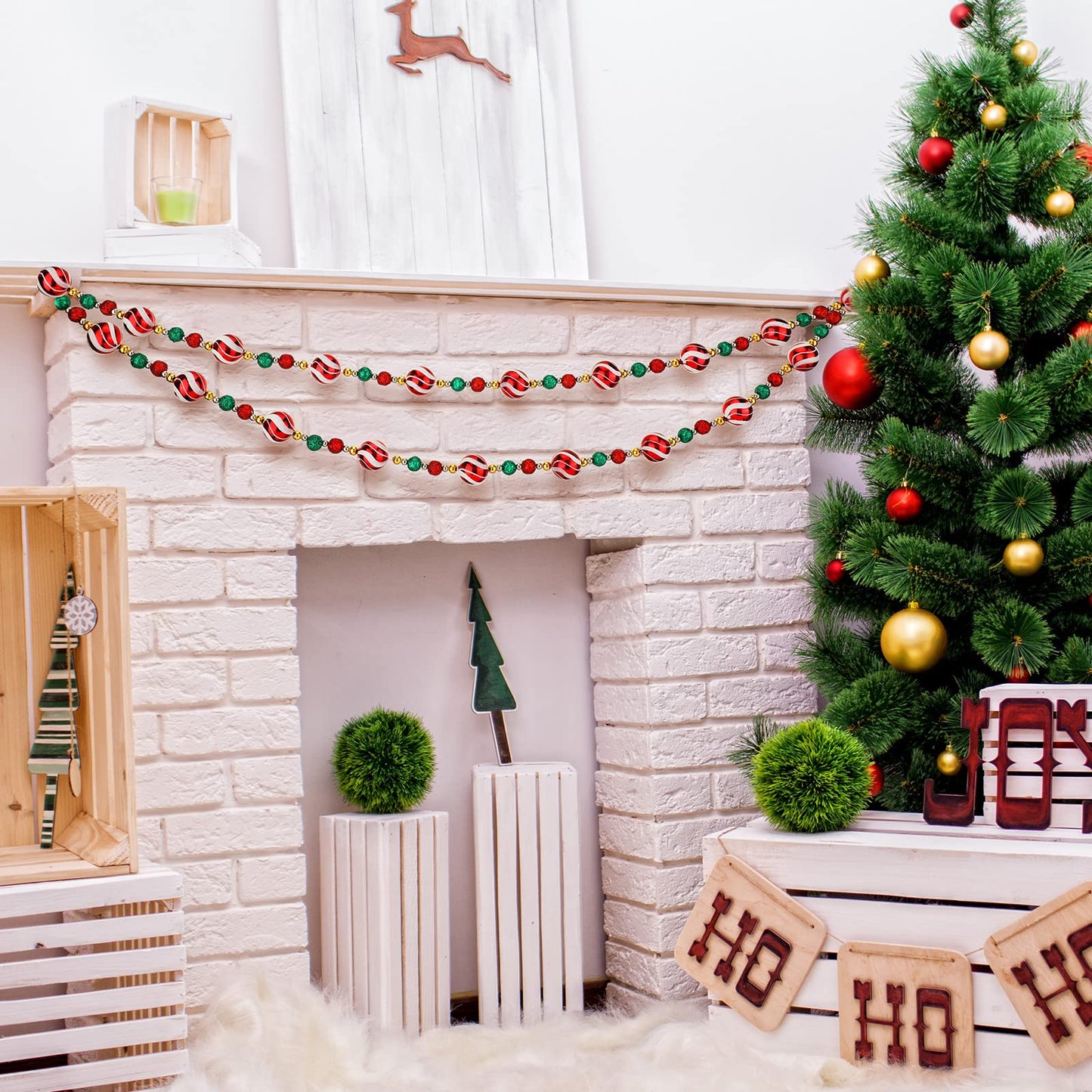 Jetec 16 ft Christmas Ball Garland Ornament Red White Green Stripe Candy Beaded Ball Ornament Hanging for Christmas Tree Retro Party Decorations