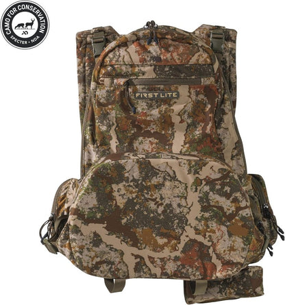 First Lite Treeline Turkey Vest - Tactical Hunting Vest with Game Pouch, Adjustable Seat & MOLLE System | Camo Design