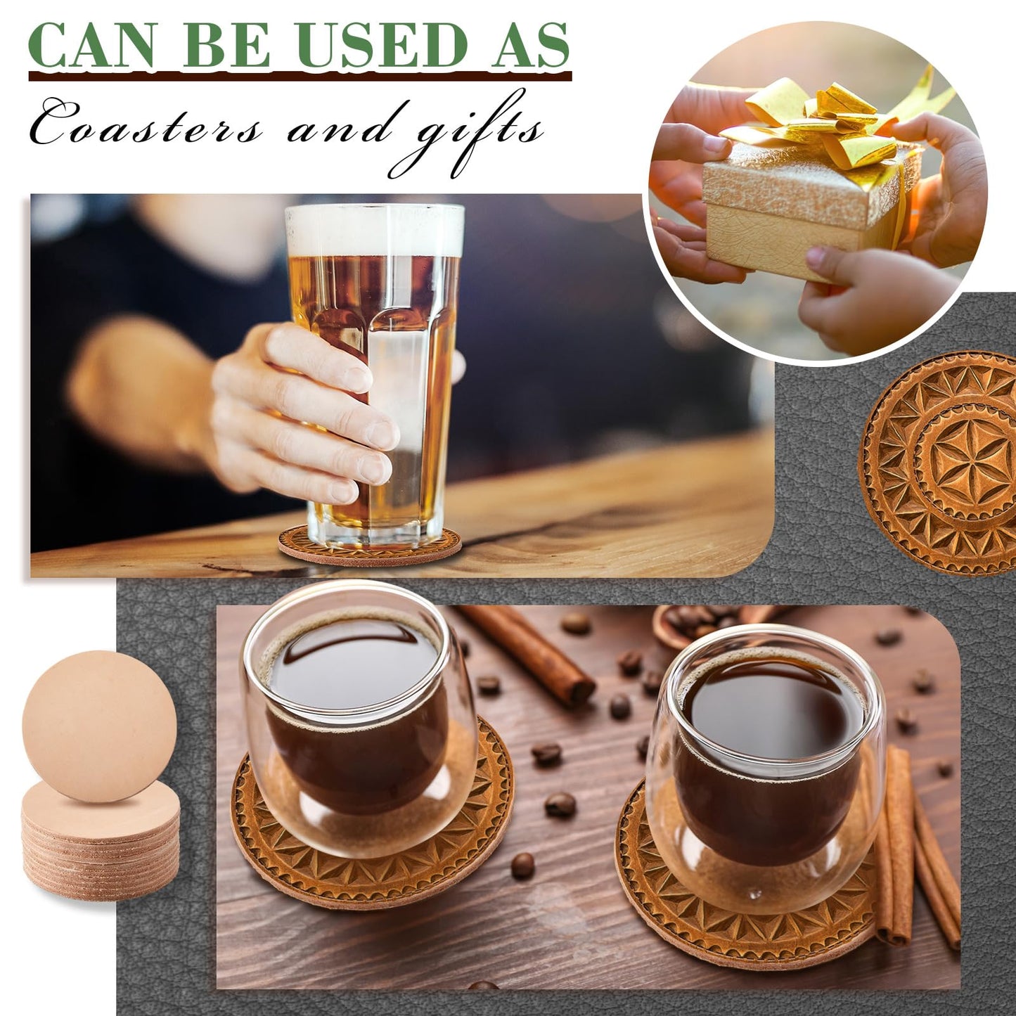 Bulyoou 50 Pack Round Vegetable Tan Leather 3-1/4" Tooling Veg Circular Leather Pieces Sheet for Laser Engraving Coasters Tooling Stamping Carving, Thickness 3.2 mm
