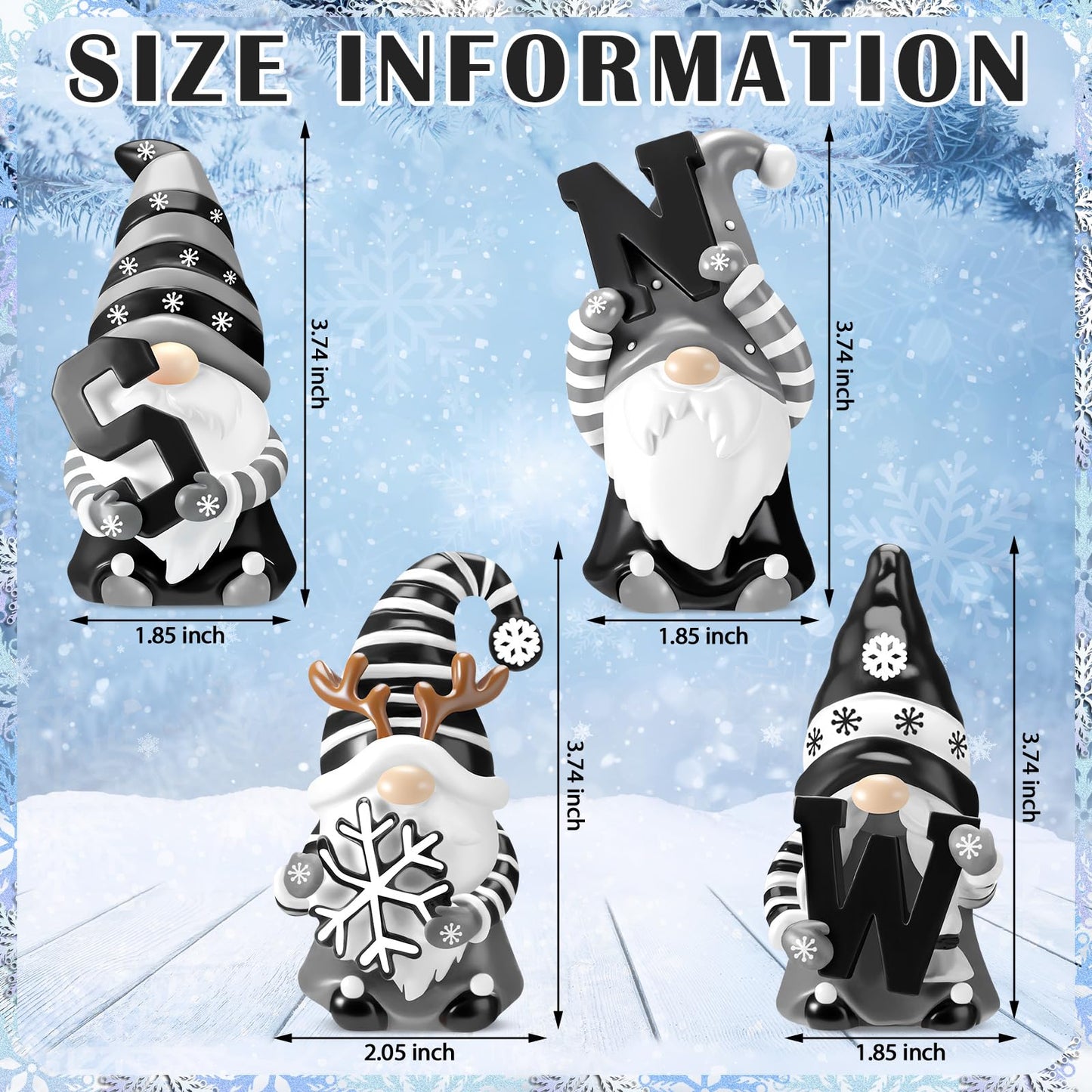 ShinyRelief 4 Pcs Winter Figurines Resin Gnome Tabletop Snowflake Antlers Sculpture Decoration Winter Black White Centerpiece for Home Dining Room Party Supplies Gifts Decor