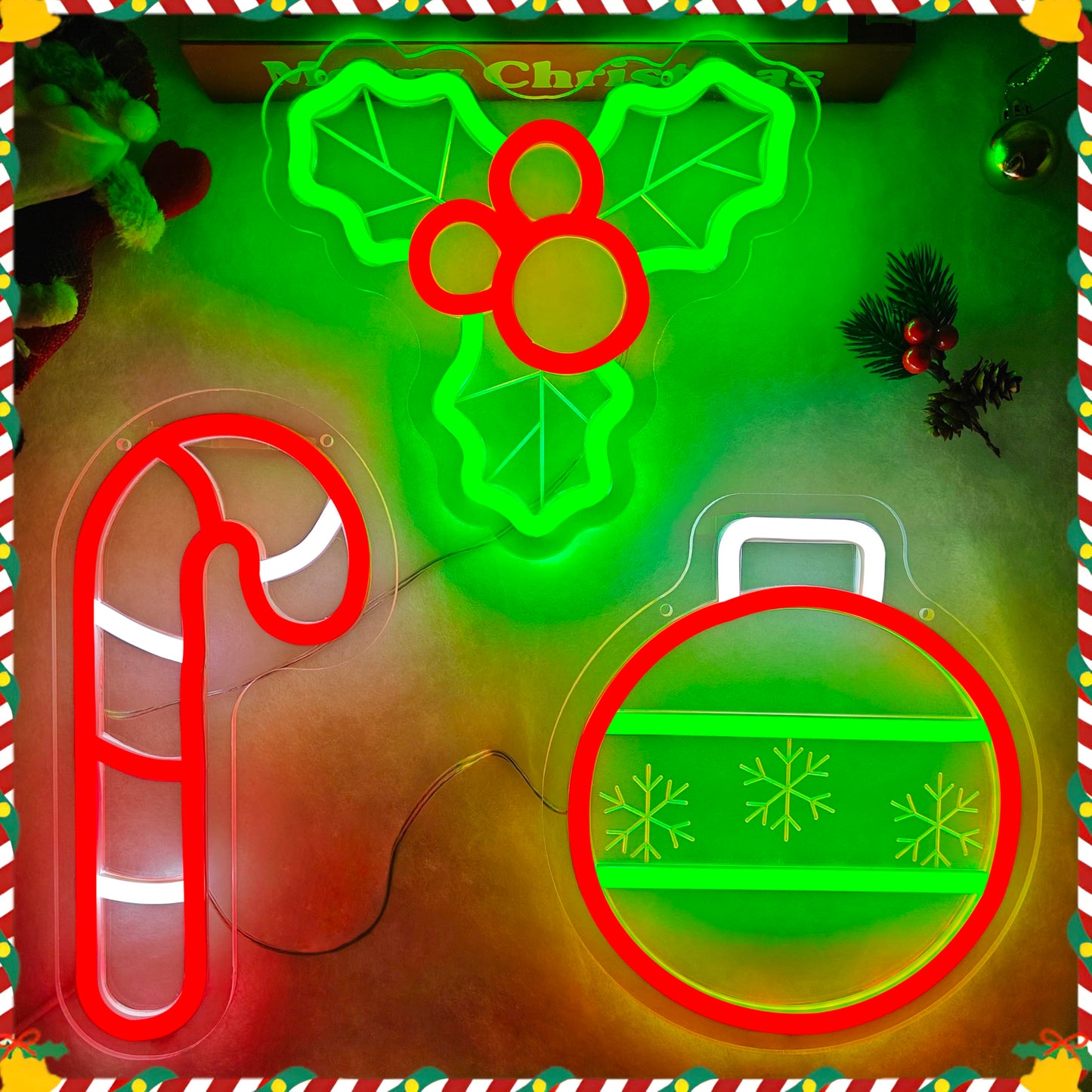 hhuohuona Christmas Neon Sign 3-Piece Dimmable Lighted Holly Berry Christmas Ball Candy Cane Led Sign Xmas Window Lights Holiday Party Light Up Signs for Wall Decor