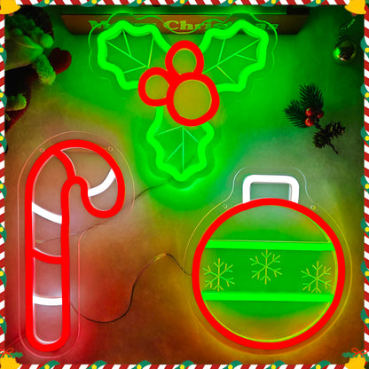 hhuohuona Christmas Neon Sign 3-Piece Dimmable Lighted Holly Berry Christmas Ball Candy Cane Led Sign Xmas Window Lights Holiday Party Light Up Signs for Wall Decor