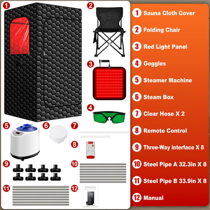 Portable Infrared Sauna, 160 LEDs Red Light Sauna Box, Steam Sauna Tent with 3L Steamer, 15 Heating Levels for Home Spa, Relaxation, Detoxification, Muscle Relief, Indoor & Outdoor, 32" x 32" x 71"
