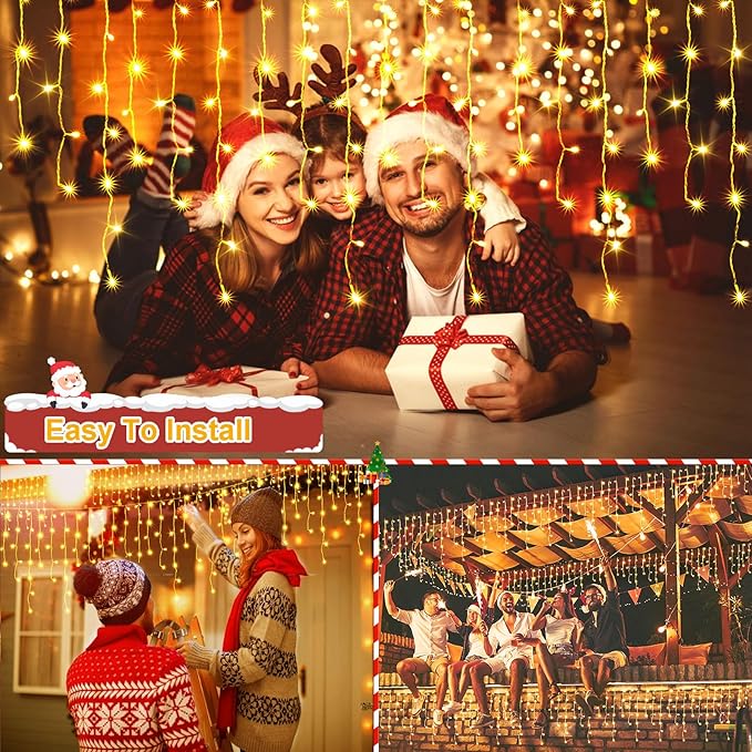 65 FT 640 LED Christmas Lights Outdoor Decorations Clear Wire String Lights Plug in 120 Drops 8 Modes Memory Timer Connectable Curtain Fairy Lights Waterproof for Holiday Wedding Party-Warm White