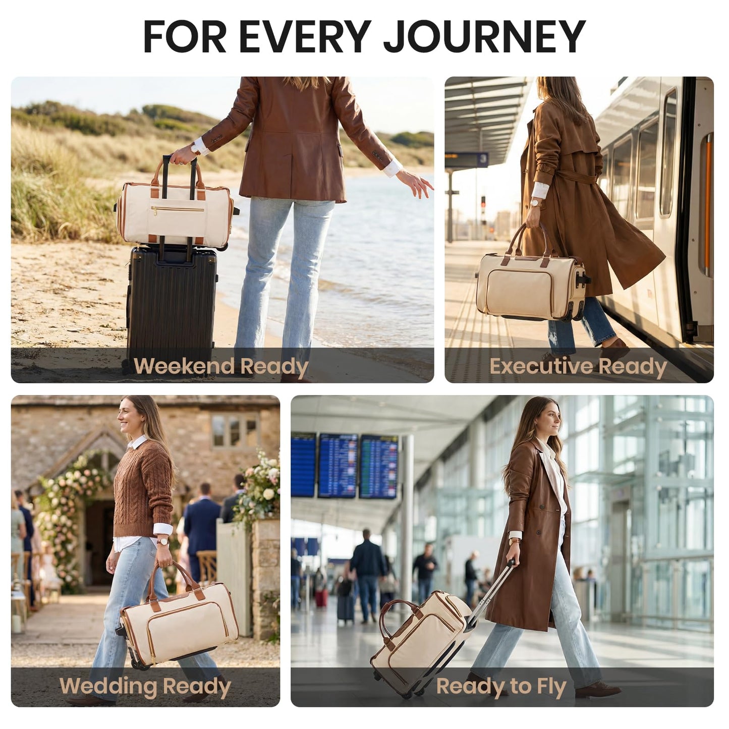 Fanwoli Carry-On Rolling Garment Bag for Travel, 3-in-1 Wheeled Luggage with Shoe Storage & Detachable Organizer, Convertible Duffel Bag for Men Women Business Trips Weekender, Wrinkle-Free (Brown)