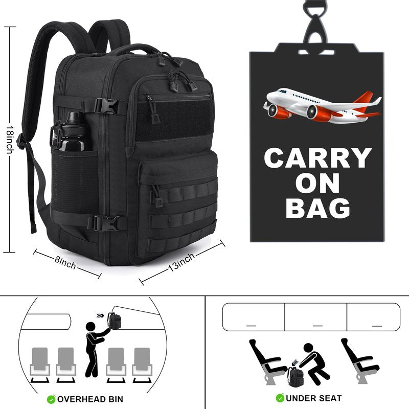 MOZETO TSA Approved Carry On Backpack, Extra Large Tactical Travel Backpack for Men, Airplane Approved Weekender Bag, Water Resistant Lightweight Laptop Daypack for Flight, Black
