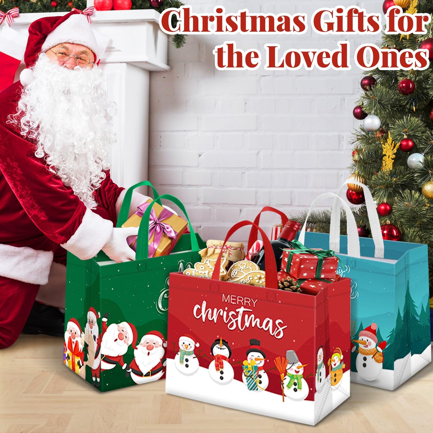 TranquilBliss 16 PCS Christmas Gift Bags, Reusable Holiday Treat Bags with Handles, Christmas Baskets for Gifts Empty, Non-Woven Xmas Party Supplies, 12.8"×9.8"×6.7"