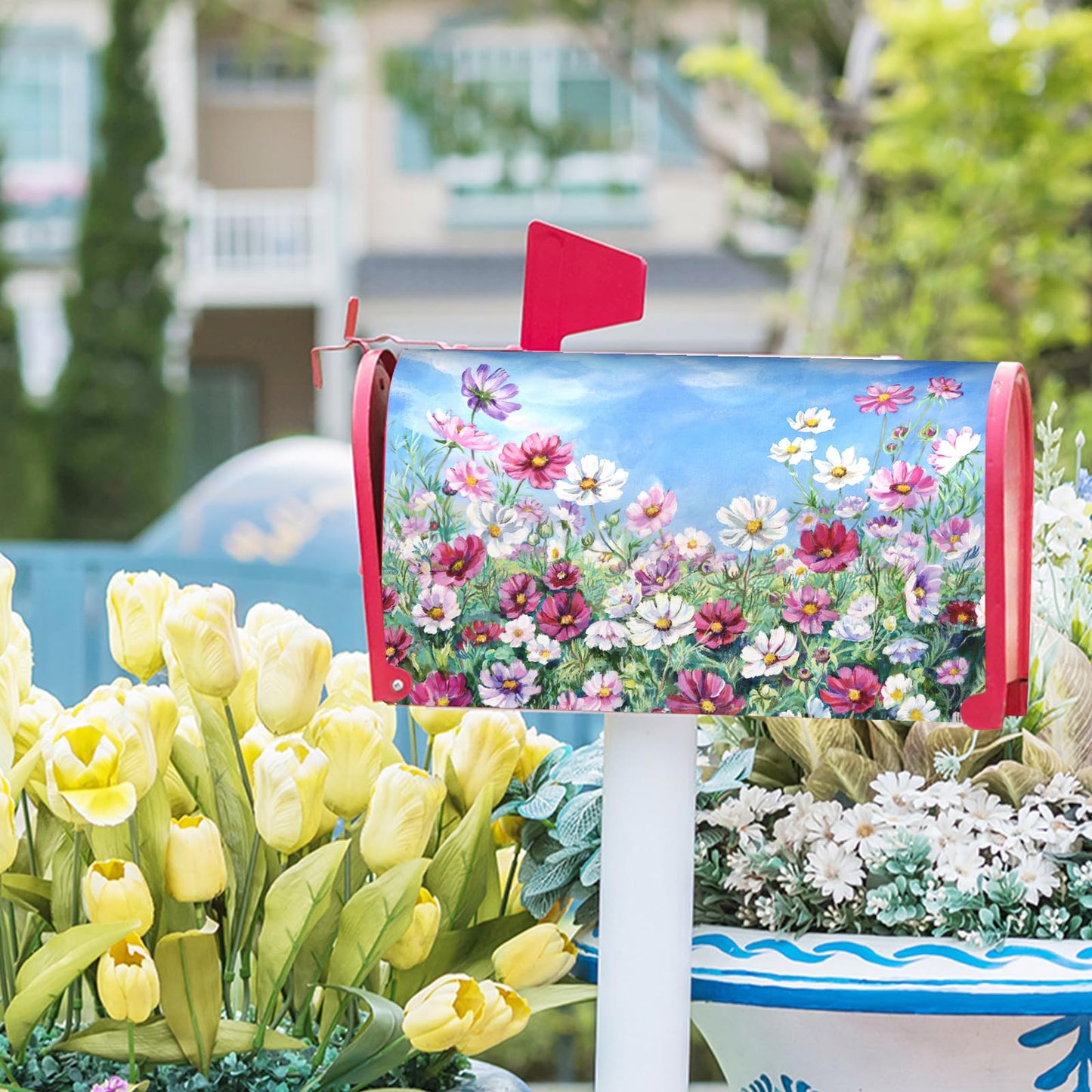 Spring Summer Flowers Welcome Mailbox Cover Magnetic Large Size 25.5"x21" Wildflowers Mailbox Wraps Waterproof Summer Floral Post Box Cover Decorative for Garden Home Yard Outside