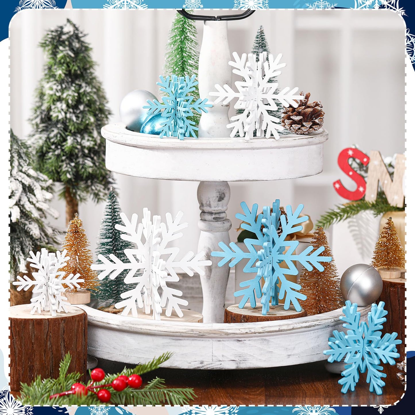 Bucherry 12 Pcs Wooden Snowflake Table Decor 3D Snowflake Tabletop Signs and Centerpiece for Frozen Party Christmas Xmas Winter Wonderland Decorations Home Office Mantel(White, Light Blue)