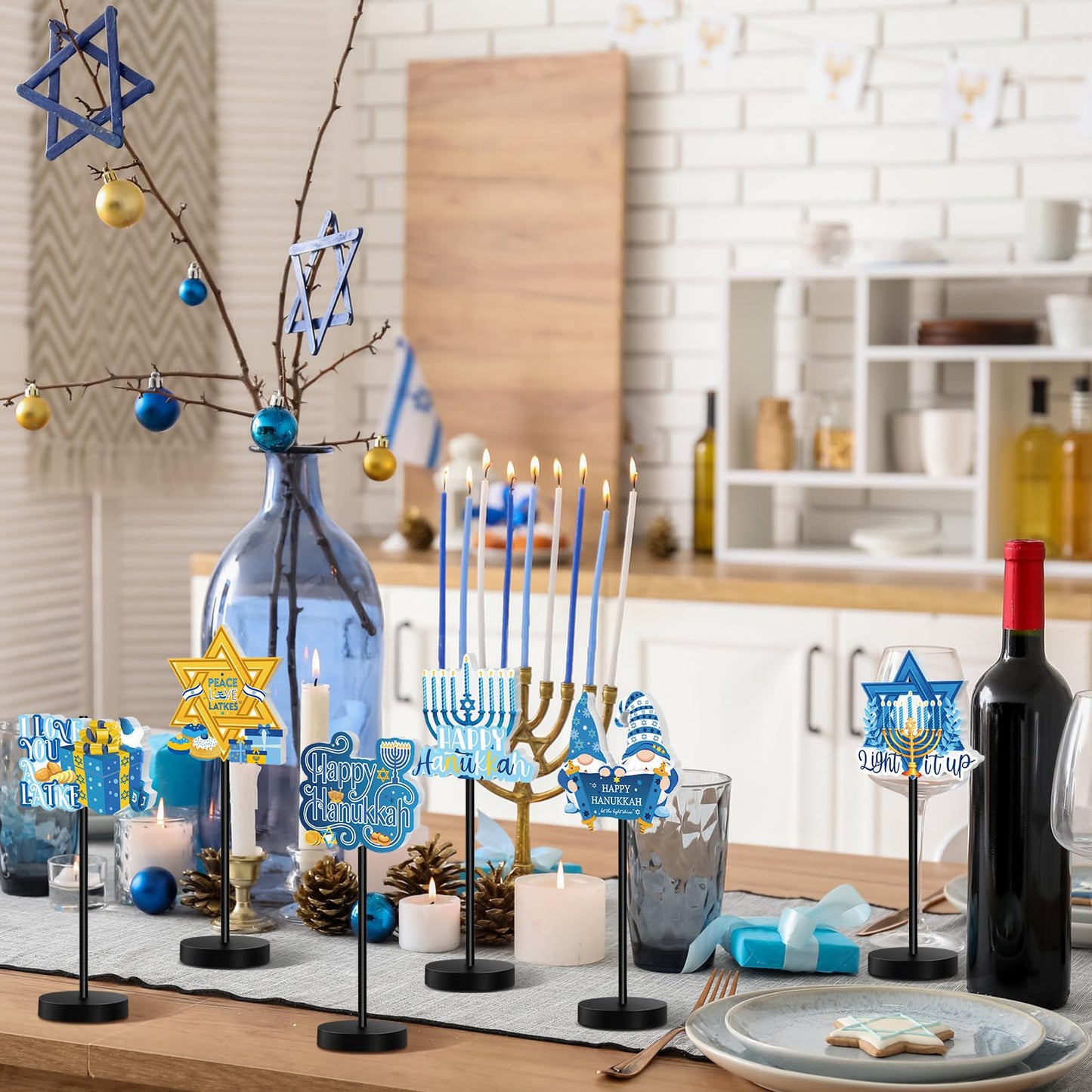 Shellwei 6 Pcs Hanukkah Table Decorations Decor Happy Hanukkah Wood Table Sign Chanukkah Party Decor for Home Indoor Centerpiece Menorah Dreidel Star of David (Fresh Style)