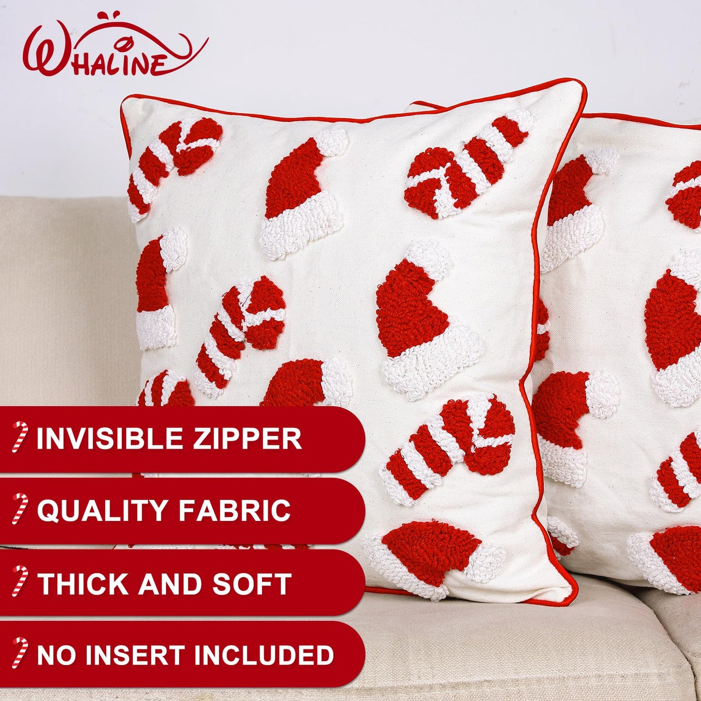 Whaline 2Pcs Christmas Tufted Throw Pillow Covers Red White Xmas Hat Candy Cane Pillow Case Winter Holiday Soft Cushion Cover for Sofa Couch Bed Home, 18 x 18 Inch