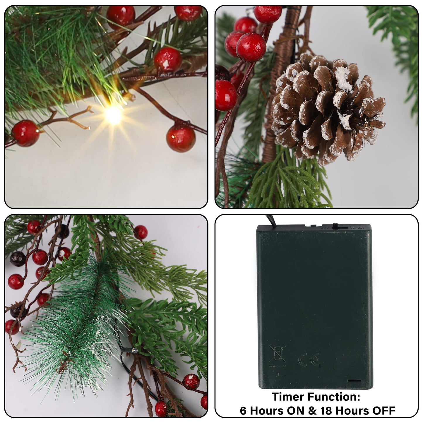winemana 6 FT Pre-lit Artificial Christmas Garland with 20 LED Lights, Battery Powered with Pine Cones, Red Berries, Pine Needles, Lighted Christmas Garlands for Fireplace Mantle Holiday Decorations