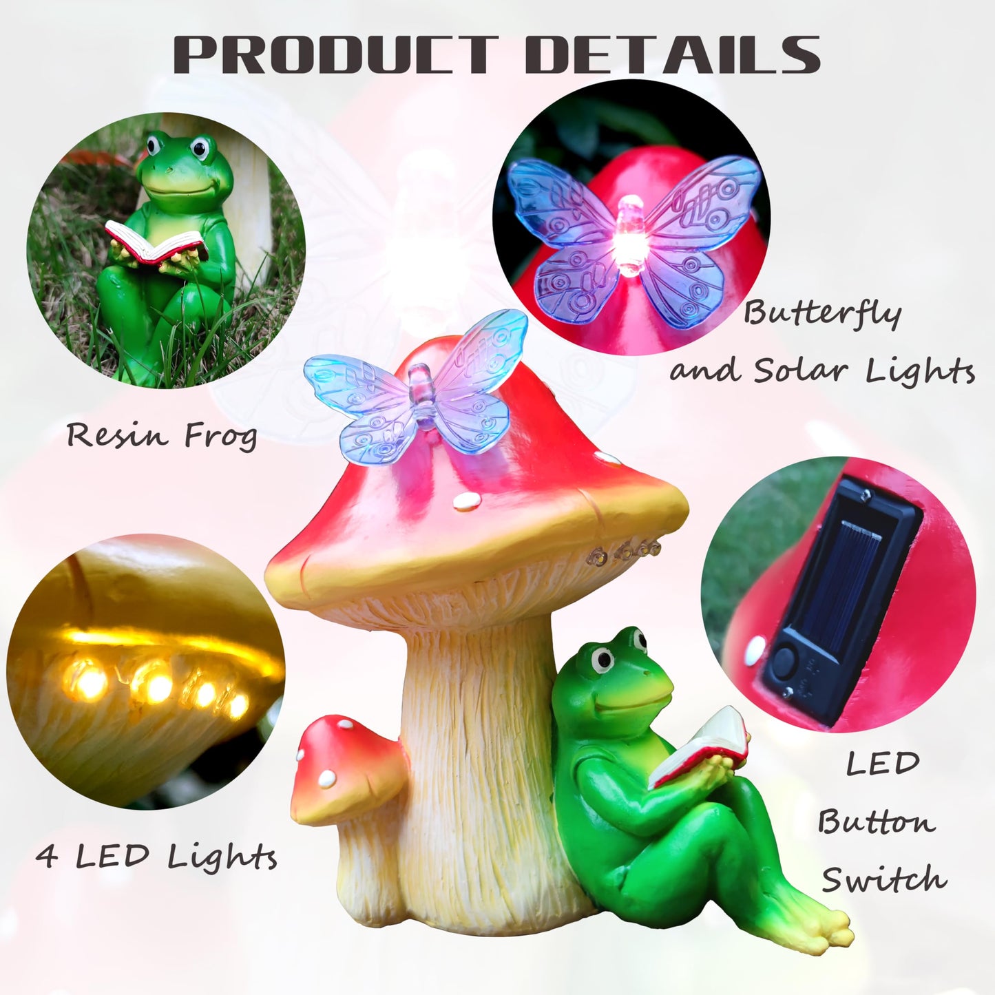 RCTTICUU Solar Frog Mushroom Garden Statues,Statuettes of Resin Frog Mushroom Reading a Book Figurine with LED Solar Lights, Lawn Decor Outdoor Statue for Patio,Balcony,Yard,Lawn Ornament