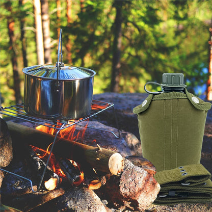 Plastic Military Canteen, 1 Quart Portable Army Water Bottle with Cup Sleeves and Waist Belt for Hiking Camping Climbing and Most Outdoor Activities