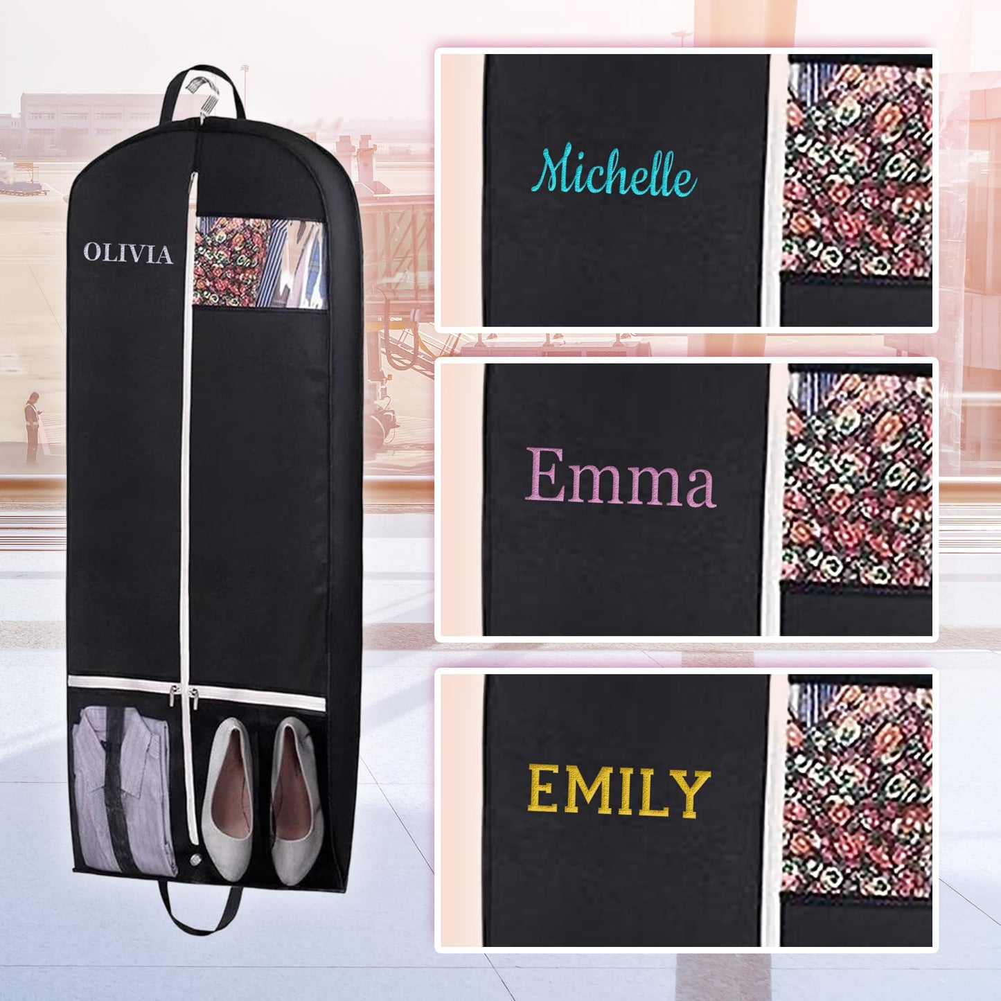 Personalized Garment bag with Name for Hanging Clothes - Custom Black Suit Bags for Closet Storage with 2 Mesh Pockets for Men & Women - Ideal for Wedding Dress Garment Bag Storage with Carry Handles